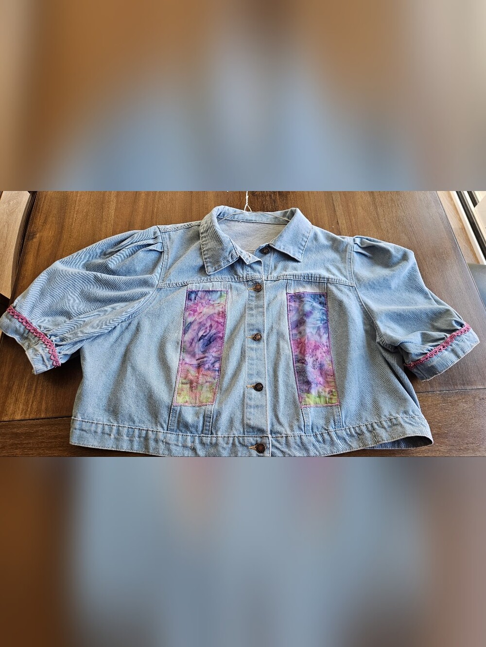 Light Blue Denim Jacket with Purple Tie-Dye Panels